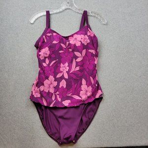 LL Bean One Piece Swimsuit Womens 14 Purple Pink Floral Built In Bra Lined
